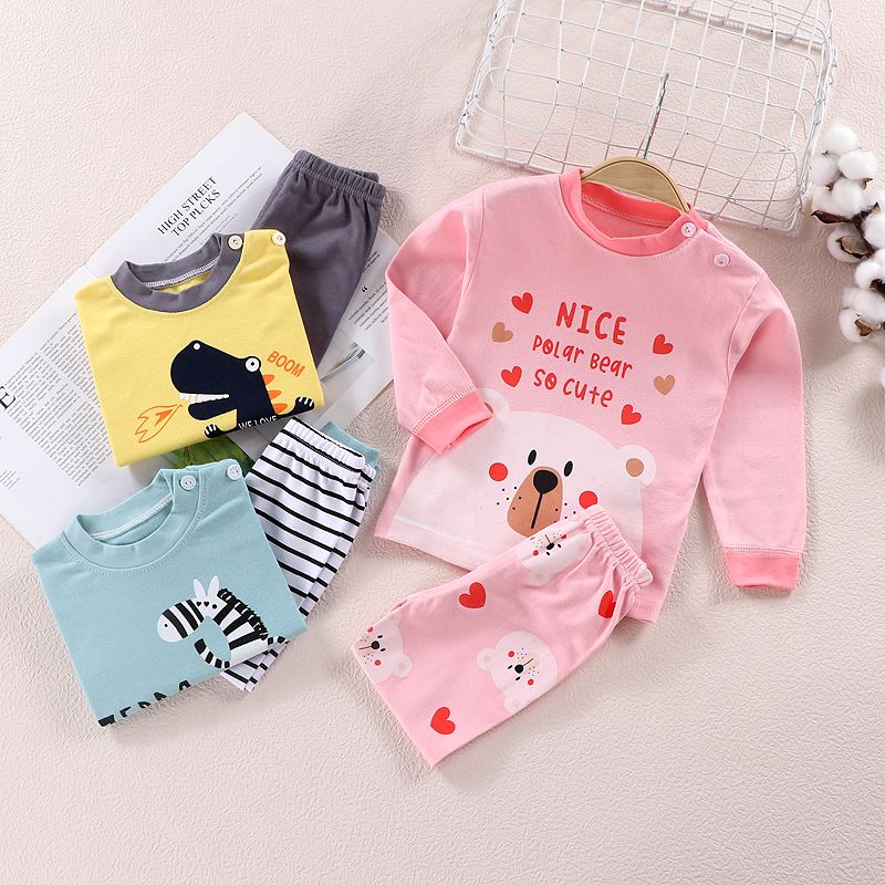 Cartoon pattern round collar children clothing long sleeve Sleepwear kids cotton pajamas boys and girls underwear