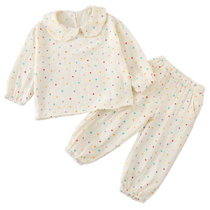 Children's sleepwear made of pure cotton double-layer gauze, new spring and autumn long sleeved set, baby home decor