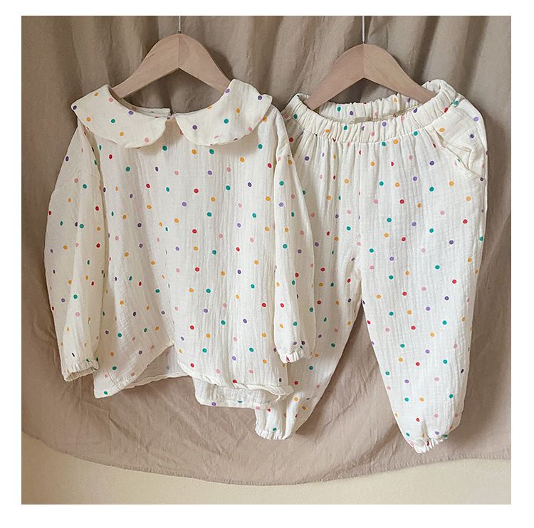 Children's sleepwear made of pure cotton double-layer gauze, new spring and autumn long sleeved set, baby home decor