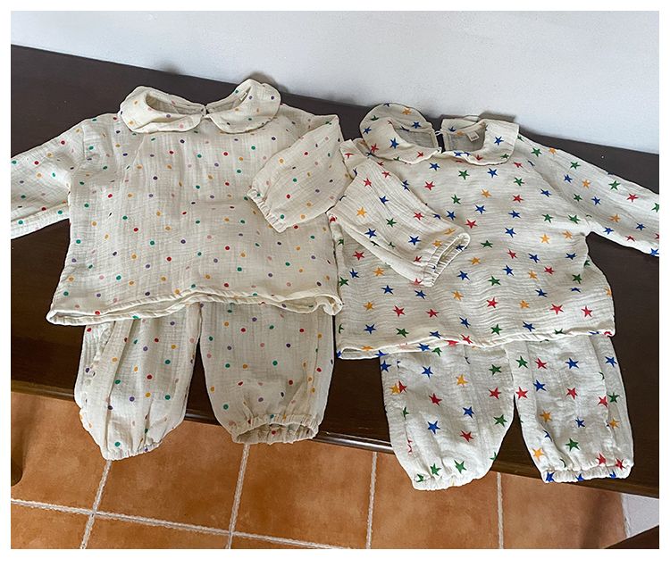 Children's sleepwear made of pure cotton double-layer gauze, new spring and autumn long sleeved set, baby home decor