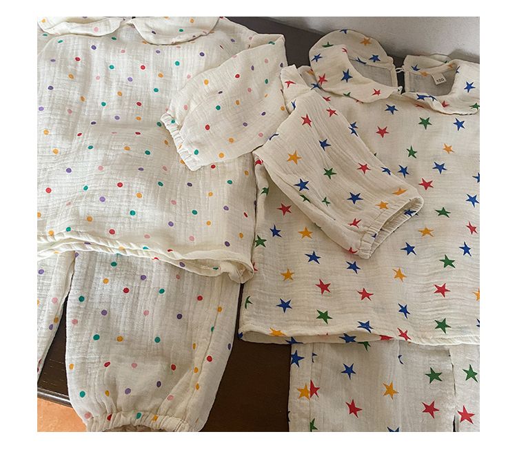 Children's sleepwear made of pure cotton double-layer gauze, new spring and autumn long sleeved set, baby home decor