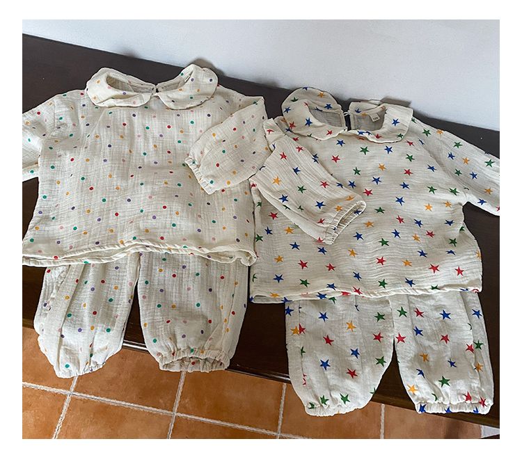 Children's sleepwear made of pure cotton double-layer gauze, new spring and autumn long sleeved set, baby home decor