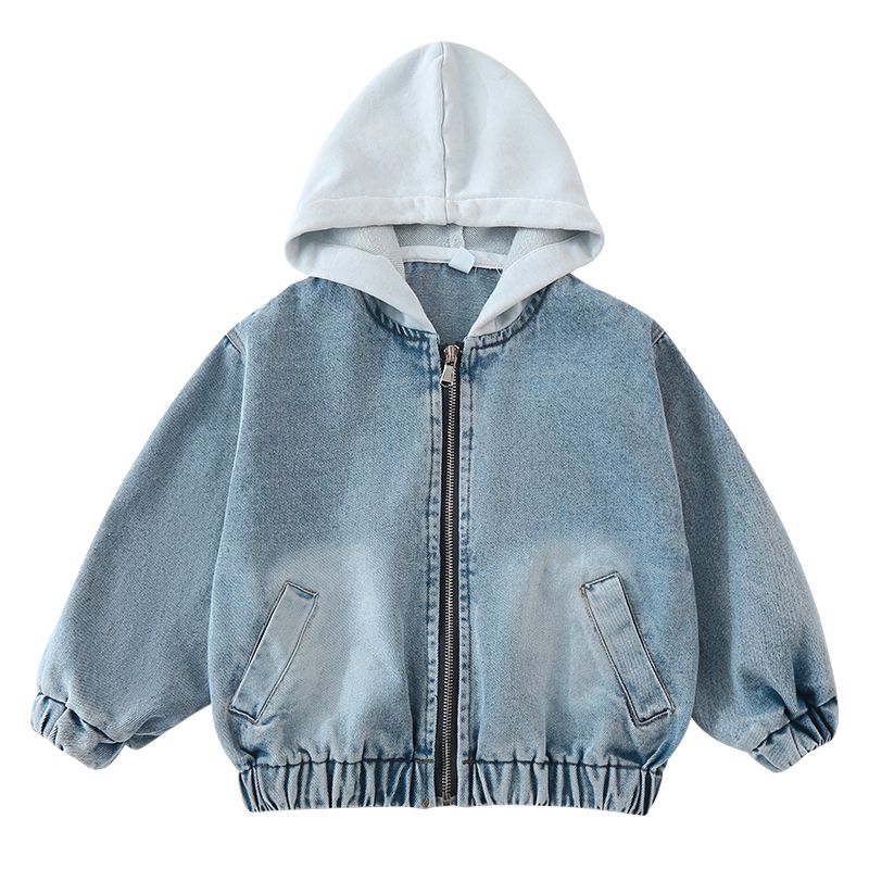 Children's denim jacket hooded boys' spring clothes 2024 new spring and autumn Korean version loose fitting girls' baby clothes