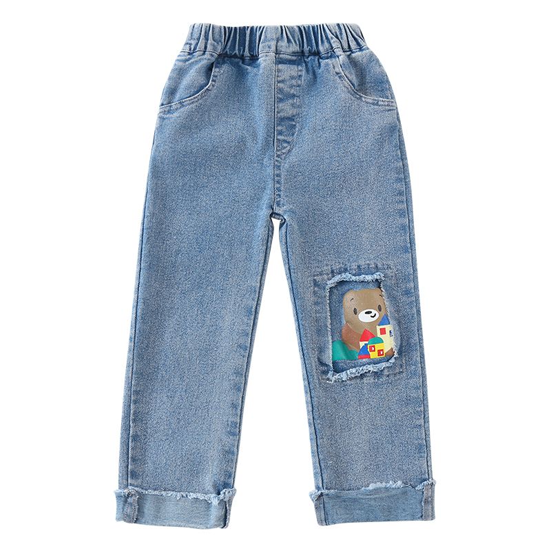 Children's soft elastic jeans, stylish cartoon casual pants for boys and girls, new spring and autumn clothing, baby pants