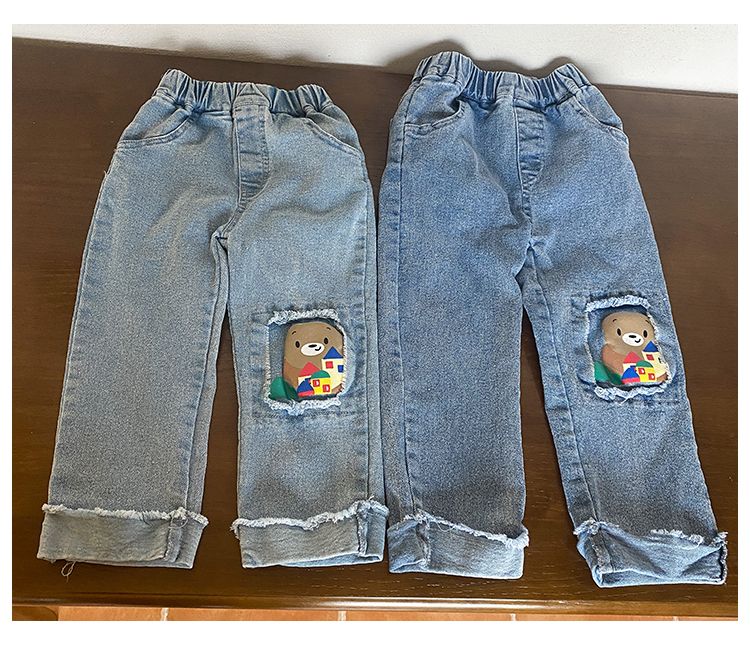 Children's soft elastic jeans, stylish cartoon casual pants for boys and girls, new spring and autumn clothing, baby pants