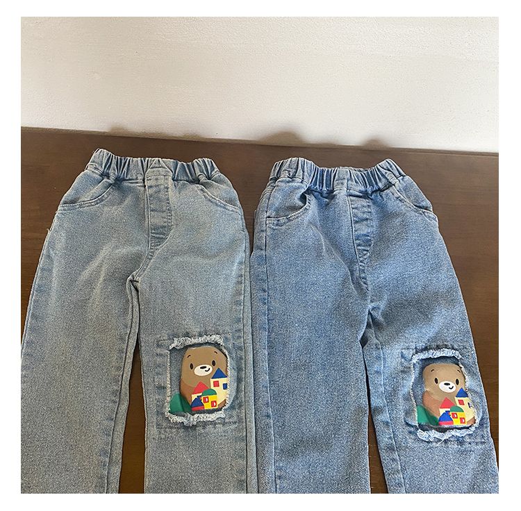 Children's soft elastic jeans, stylish cartoon casual pants for boys and girls, new spring and autumn clothing, baby pants