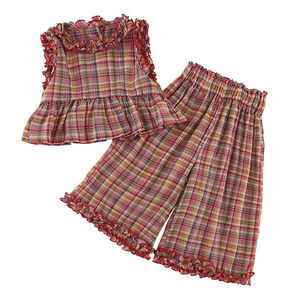 Girls' summer set, stylish checkered children's summer outfit, new baby casual vest, wide leg pants two-piece set