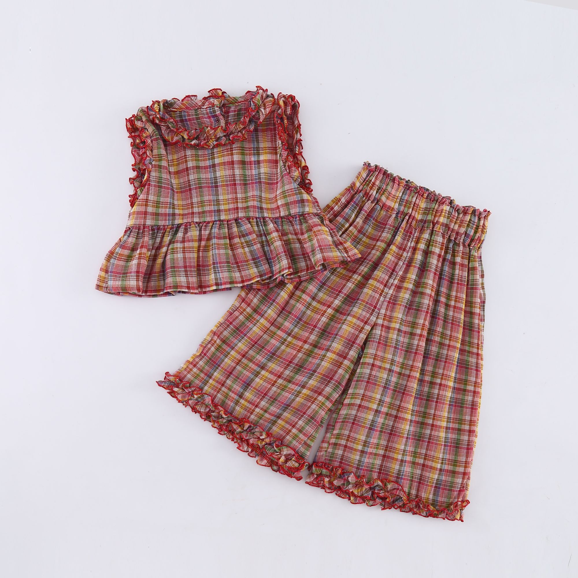 Girls' summer set, stylish checkered children's summer outfit, new baby casual vest, wide leg pants two-piece set