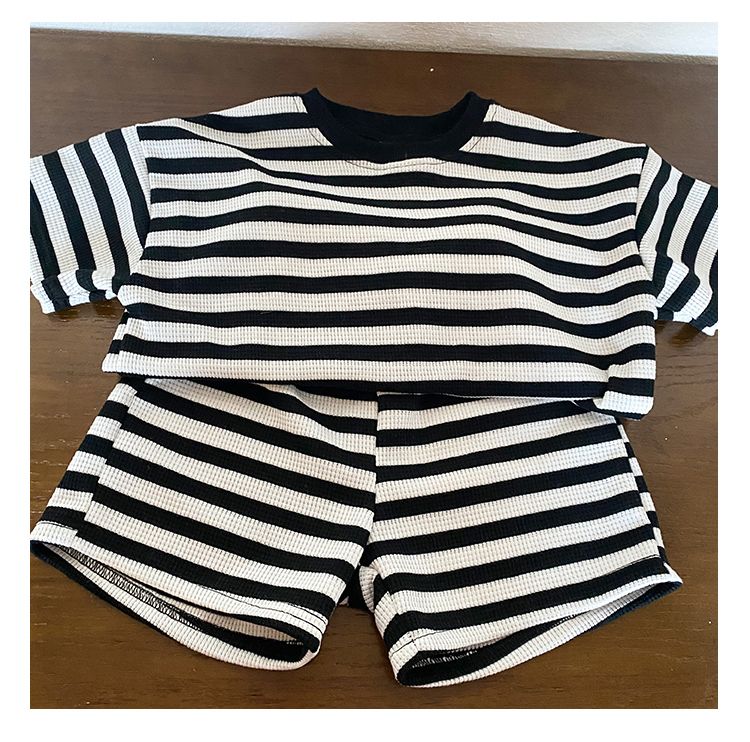 Children's summer sports suit, girls' stylish striped new summer casual boys' short sleeved baby clothes