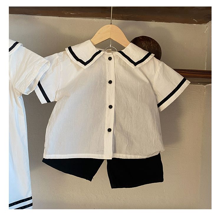 Children's summer set, navy style men's and children's clothing, pure cotton 2024 new item, baby girls' dress, siblings' outfit