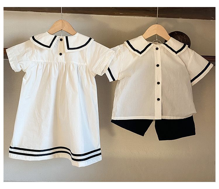 Children's summer set, navy style men's and children's clothing, pure cotton 2024 new item, baby girls' dress, siblings' outfit