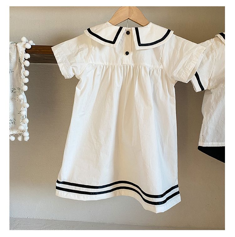 Children's summer set, navy style men's and children's clothing, pure cotton 2024 new item, baby girls' dress, siblings' outfit