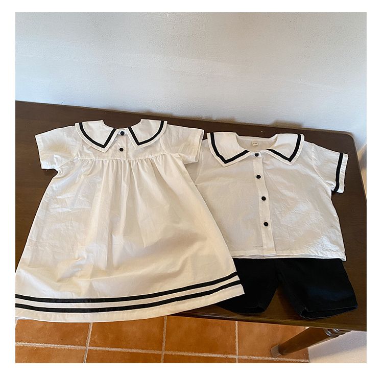 Children's summer set, navy style men's and children's clothing, pure cotton 2024 new item, baby girls' dress, siblings' outfit