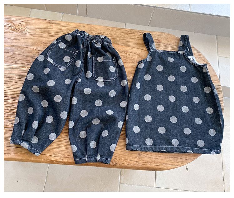 Boys' denim pants casual children's autumn clothing 2024 new spring and autumn baby polka dot girls' shoulder strap dress