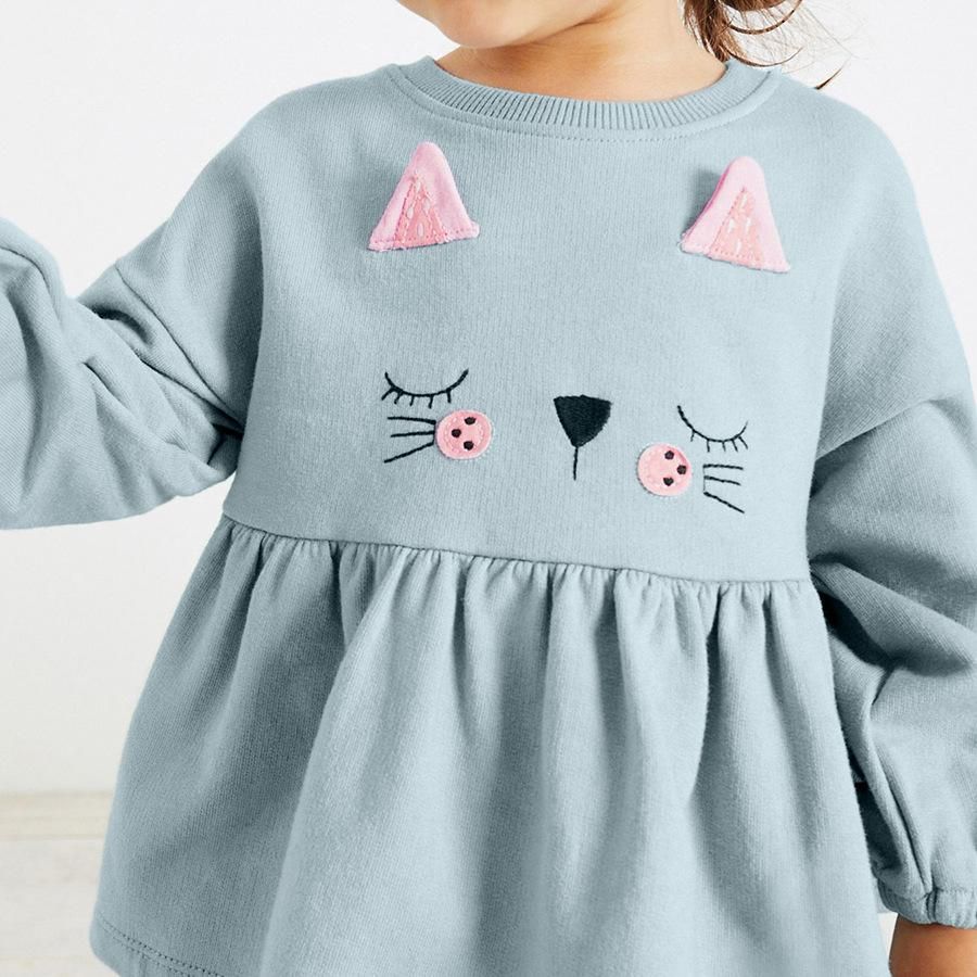 Autumn Cute Girls' Long-Sleeve Sweatshirt Dress Adorable Cat Face Tunic for Children with 3D Ears