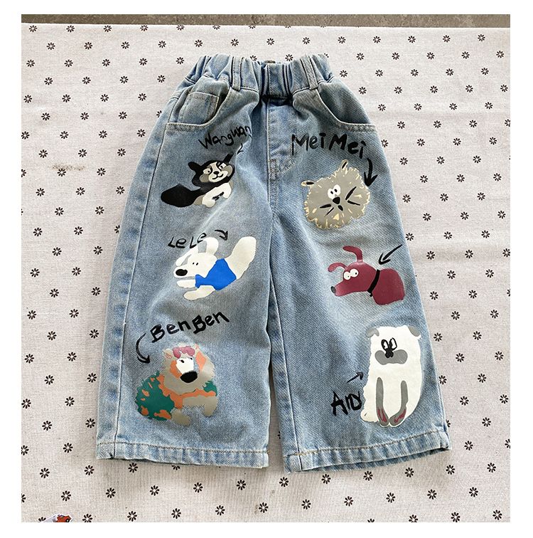 Children's jeans straight leg boys' autumn clothes girls' wide leg pants 2024 new graffiti spring and autumn pants