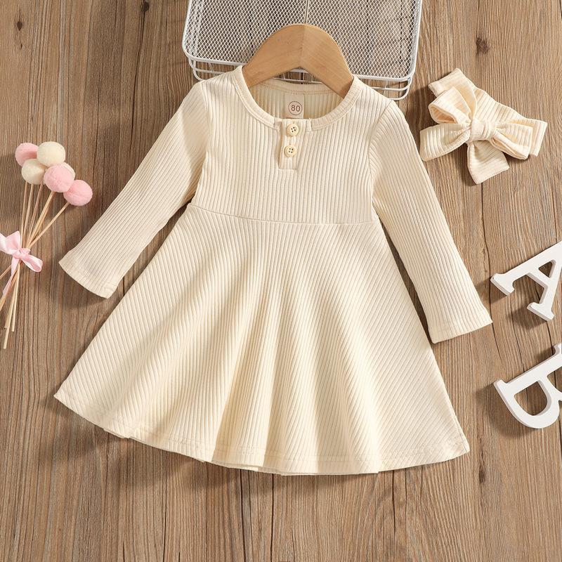 Autumn Ribbed Long-Sleeve Girls' Dress Set with Matching Bow Headbands, Comfortable Casual Wear for Parties and Daily Outfits