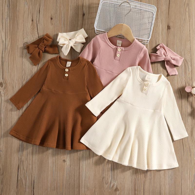 Autumn Ribbed Long-Sleeve Girls' Dress Set with Matching Bow Headbands, Comfortable Casual Wear for Parties and Daily Outfits