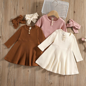 Autumn Ribbed Long-Sleeve Girls' Dress Set with Matching Bow Headbands, Comfortable Casual Wear for Parties and Daily Outfits