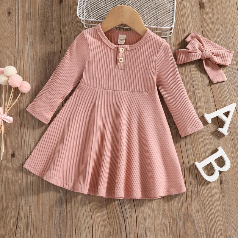 Autumn Ribbed Long-Sleeve Girls' Dress Set with Matching Bow Headbands, Comfortable Casual Wear for Parties and Daily Outfits