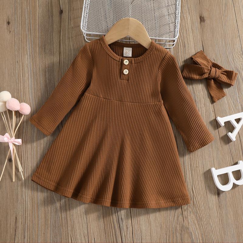 Autumn Ribbed Long-Sleeve Girls' Dress Set with Matching Bow Headbands, Comfortable Casual Wear for Parties and Daily Outfits