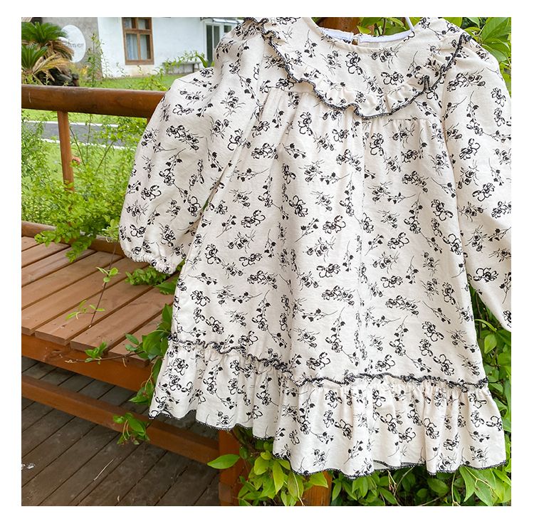 Girls' dress, floral children's autumn outfit, new spring and autumn season pure cotton and western-style Korean princess dress