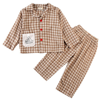 Children's sleepwear, boys' pure cotton checkered 2024 new spring and autumn long sleeved set, boys' and girls' home clothes