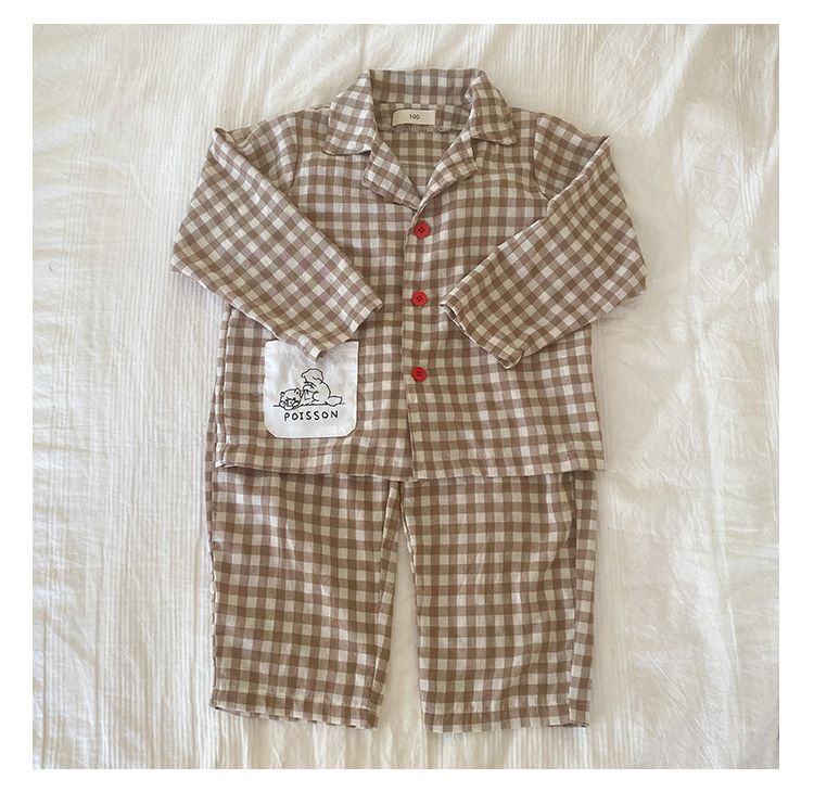 Children's sleepwear, boys' pure cotton checkered 2024 new spring and autumn long sleeved set, boys' and girls' home clothes