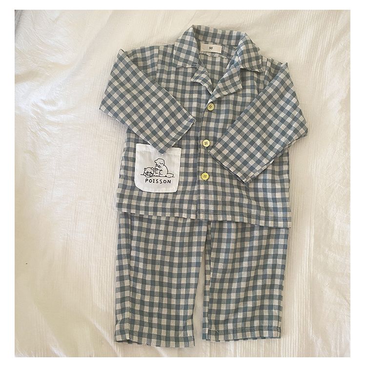 Children's sleepwear, boys' pure cotton checkered 2024 new spring and autumn long sleeved set, boys' and girls' home clothes