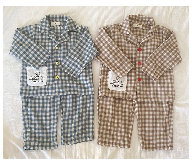 Children's sleepwear, boys' pure cotton checkered 2024 new spring and autumn long sleeved set, boys' and girls' home clothes