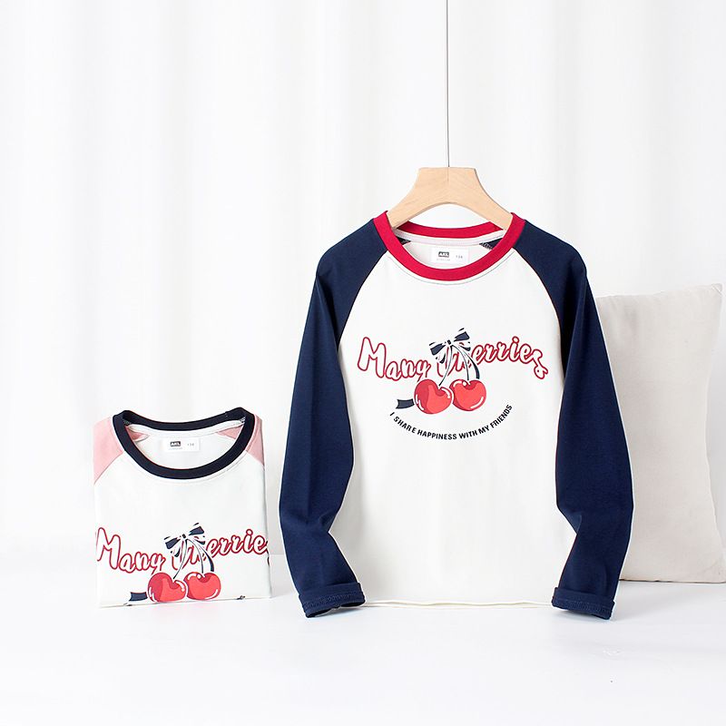 Girls' Spring and Autumn Long-Sleeve Cute Cherry Print Raglan T-Shirt Comfortable Colorblock Design Casual Cotton Top