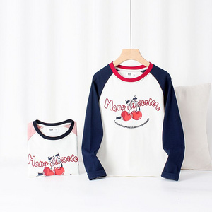 Girls' Spring and Autumn Long-Sleeve Cute Cherry Print Raglan T-Shirt Comfortable Colorblock Design Casual Cotton Top