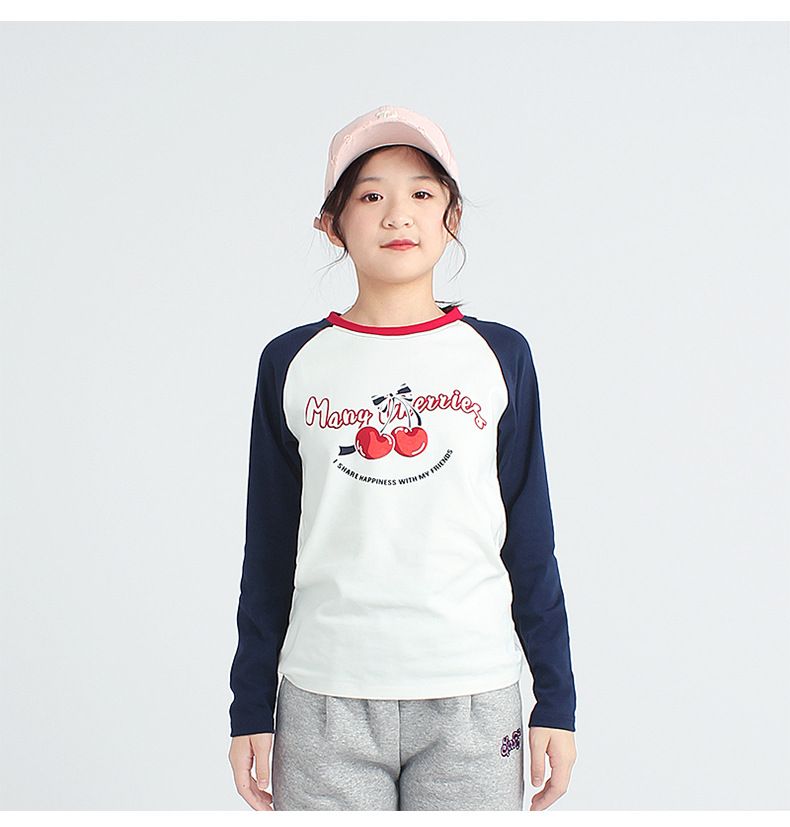 Girls' Spring and Autumn Long-Sleeve Cute Cherry Print Raglan T-Shirt Comfortable Colorblock Design Casual Cotton Top