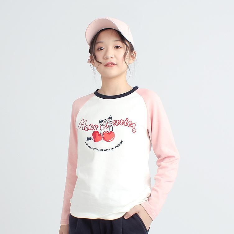 Girls' Spring and Autumn Long-Sleeve Cute Cherry Print Raglan T-Shirt Comfortable Colorblock Design Casual Cotton Top