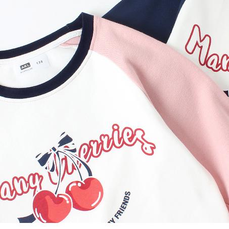 Girls' Spring and Autumn Long-Sleeve Cute Cherry Print Raglan T-Shirt Comfortable Colorblock Design Casual Cotton Top