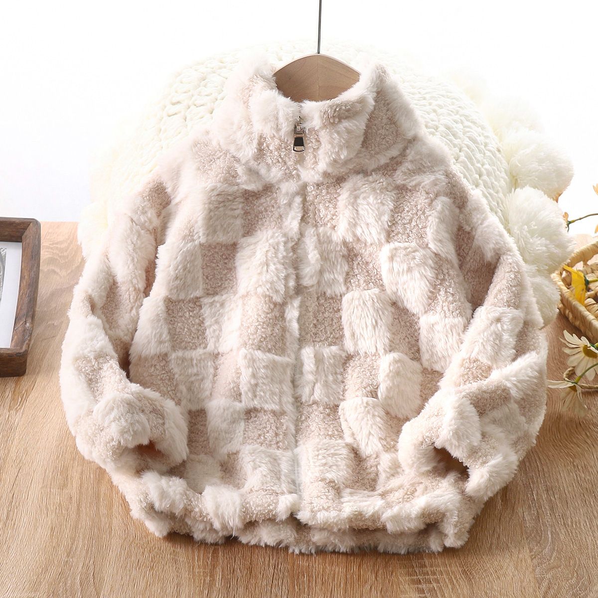 Children's Winter Fuzzy Checkered Zip-Up Jacket Comfortable Soft Plush Outerwear for Girls in Multiple Colors.