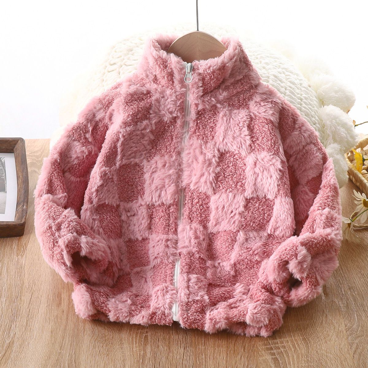 Children's Winter Fuzzy Checkered Zip-Up Jacket Comfortable Soft Plush Outerwear for Girls in Multiple Colors.