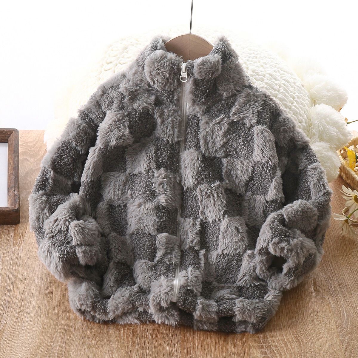 Children's Winter Fuzzy Checkered Zip-Up Jacket Comfortable Soft Plush Outerwear for Girls in Multiple Colors.