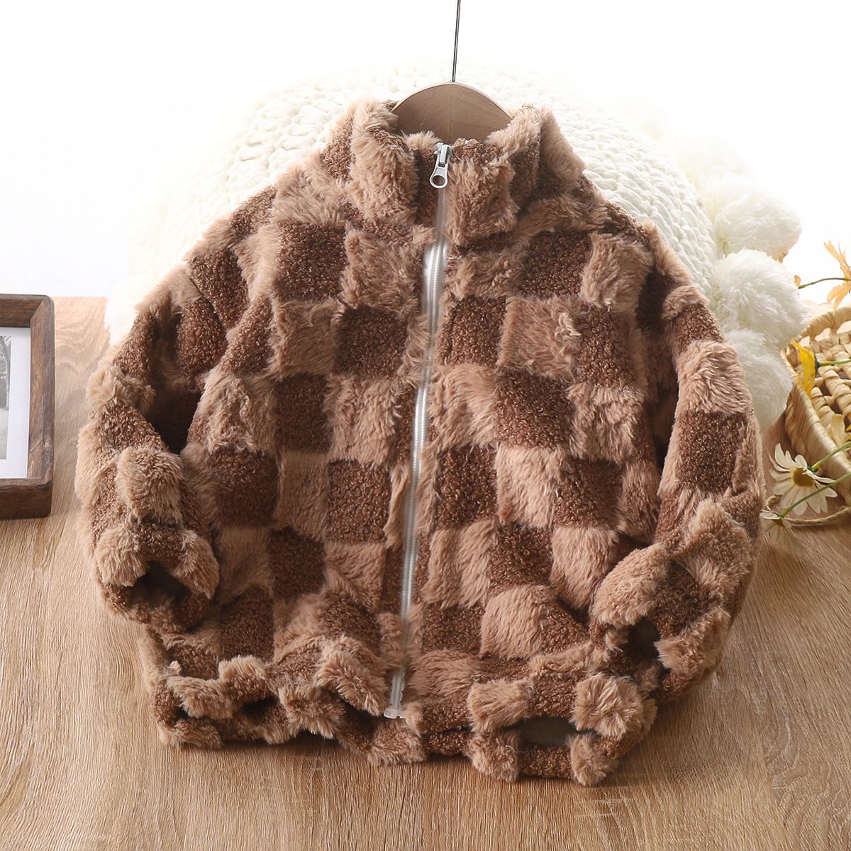 Children's Winter Fuzzy Checkered Zip-Up Jacket Comfortable Soft Plush Outerwear for Girls in Multiple Colors.