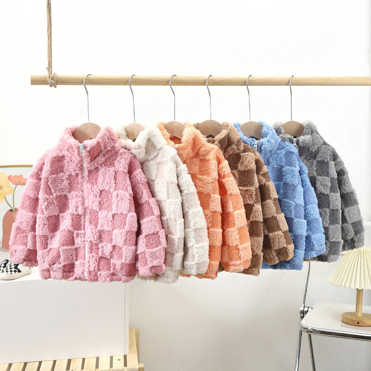 Children's Winter Fuzzy Checkered Zip-Up Jacket Comfortable Soft Plush Outerwear for Girls in Multiple Colors.