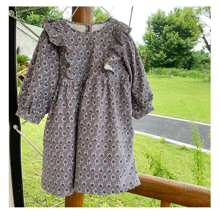 Girls' brushed floral dress, children's autumn wear 2024 new spring and autumn long sleeved baby princess dress