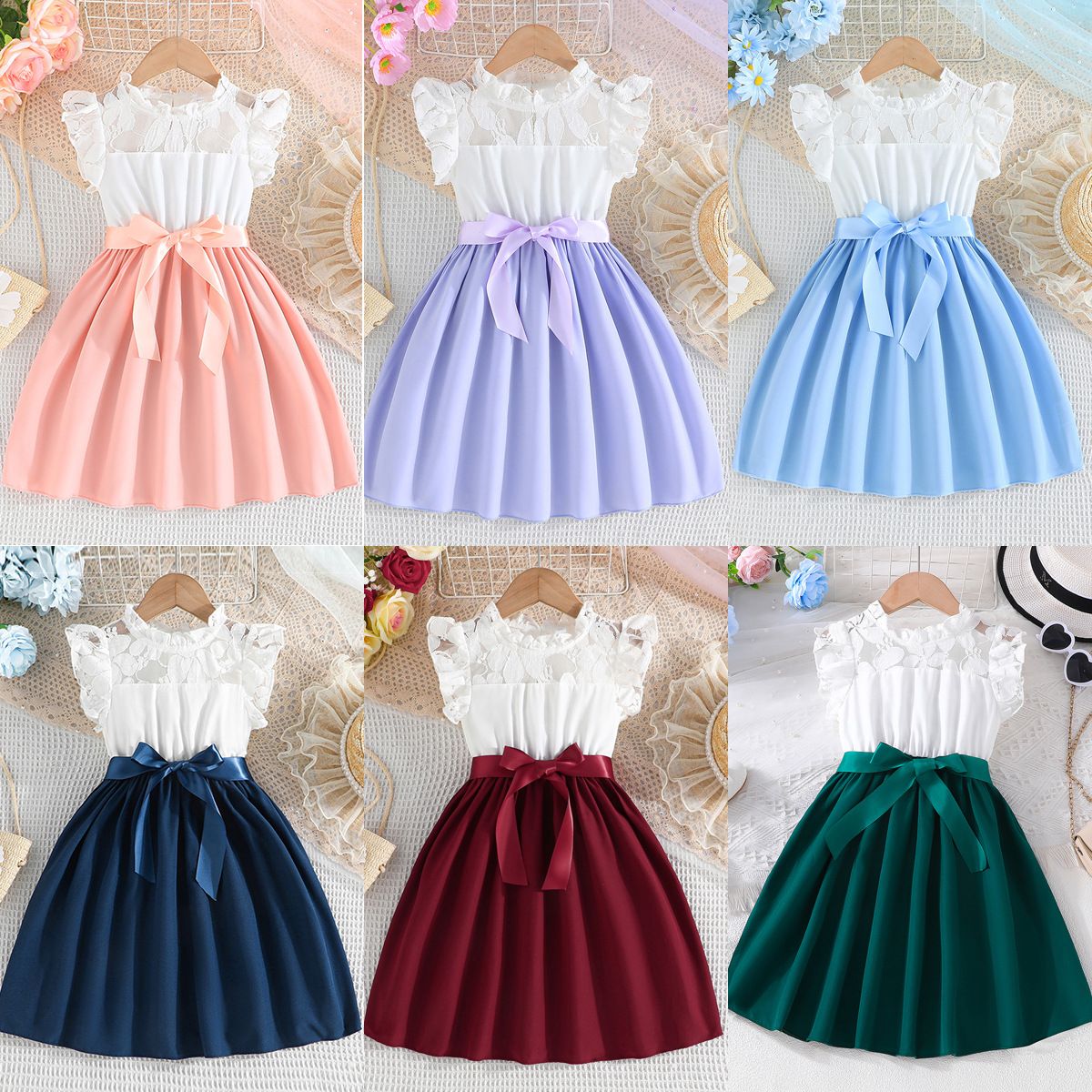 Summer New Girls' Lace Splicing Princess Dress, Color Block Dress with Ribbon Waist Belt