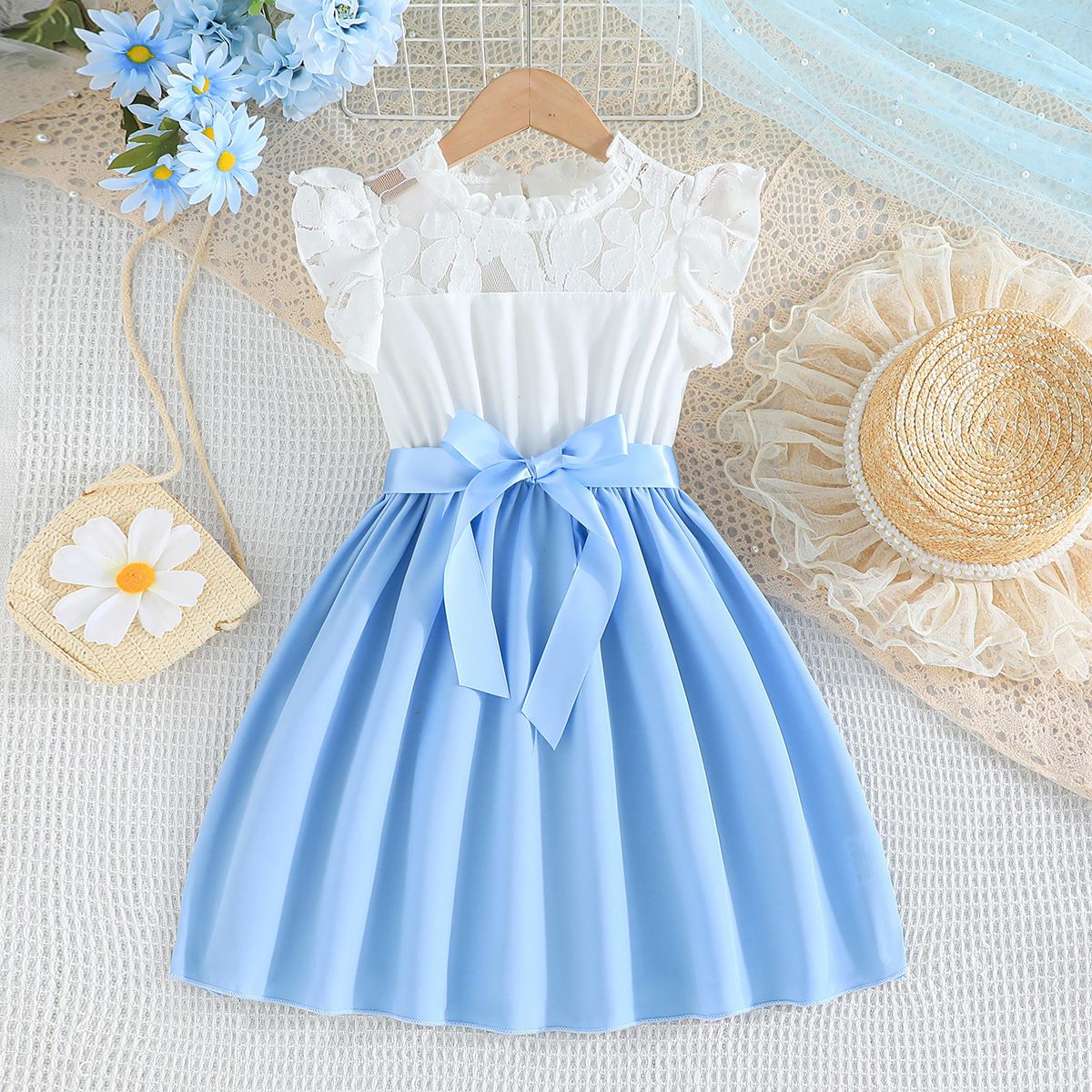 Summer New Girls' Lace Splicing Princess Dress, Color Block Dress with Ribbon Waist Belt