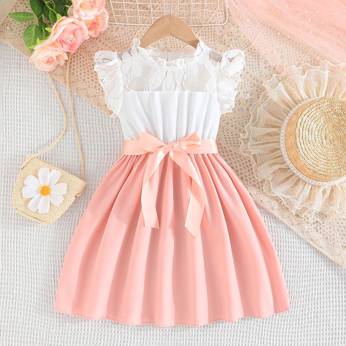 Summer New Girls' Lace Splicing Princess Dress, Color Block Dress with Ribbon Waist Belt