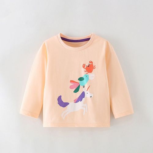 Autumn Girls' Long-Sleeve Casual T-Shirt, Solid Color with Cute Cartoon Unicorn Print, Versatile Casual Top