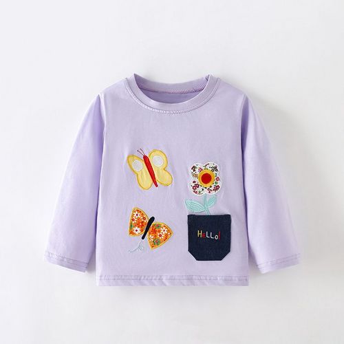 Autumn Girls' Long-Sleeve Butterfly and Flower Embroidered Base Shirt, Cute Casual T-Shirt for Daily Wear with Cartoon Design