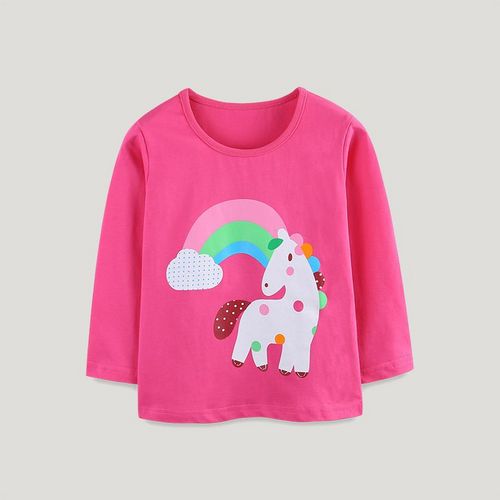 Autumn Girls' Rainbow Unicorn Print Solid Color Long-Sleeve T-Shirt, Cute Casual Red Cartoon Top for Daily Wear.