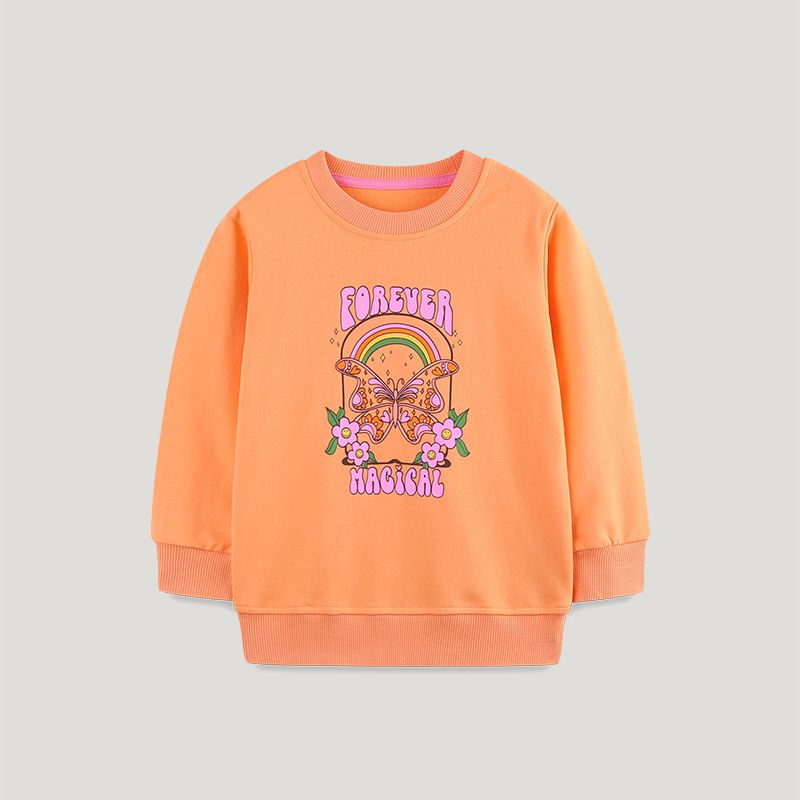 Autumn Girls' Butterfly Print Long-Sleeve Sweatshirt - Fashionable and Casual Crewneck Top, Warm and Comfortable Daily Jacket