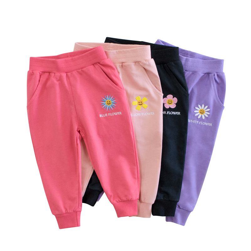 Autumn Children's Casual Flower Print Fleece-Lined Sweatpants - Girls' Loose Casual Leggings, Available in Four Colors