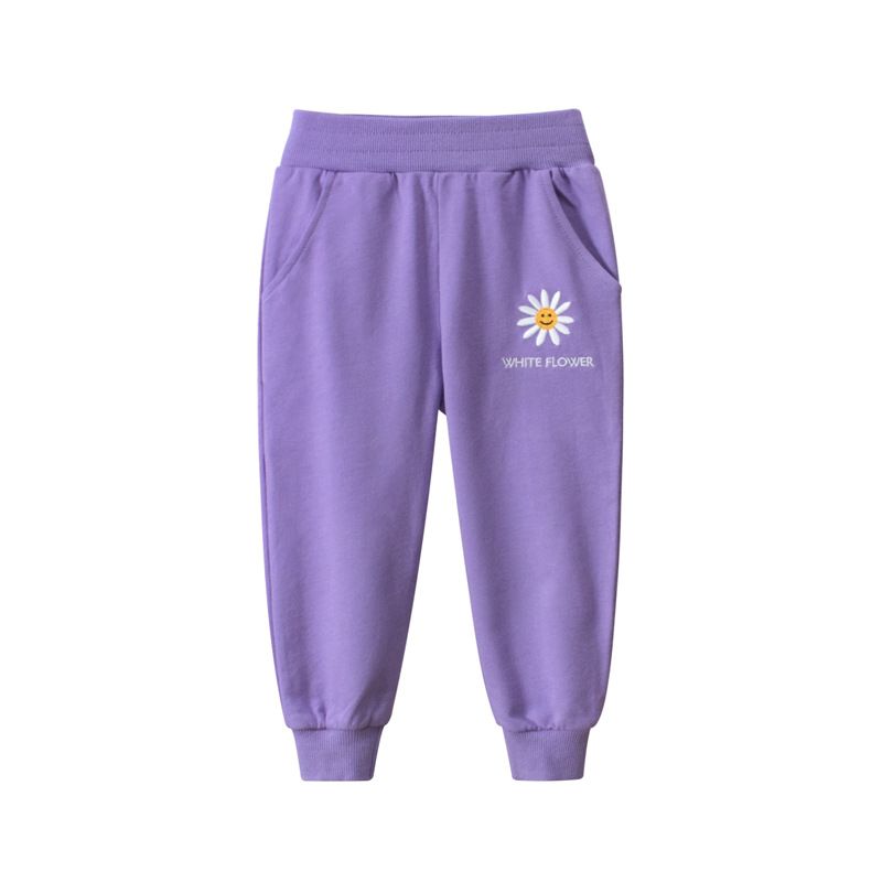 Autumn Children's Casual Flower Print Fleece-Lined Sweatpants - Girls' Loose Casual Leggings, Available in Four Colors